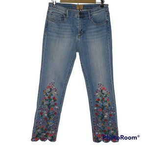 ANTHROPOLOGIE DRIFTWOOD CANDACE SCALLOP CROP FLORAL EMBROIDERED JEANS